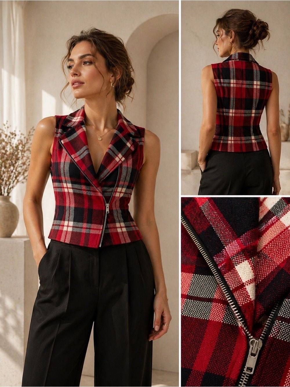 Chaps red plaid vest knit 100% cotton perfecto checkers red black white small